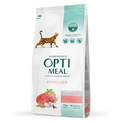 Сухой корм Optimeal с высоким содержанием говядины и сорго для стерелизованных кошек 10 кг - фото 1 - id-p1887636840