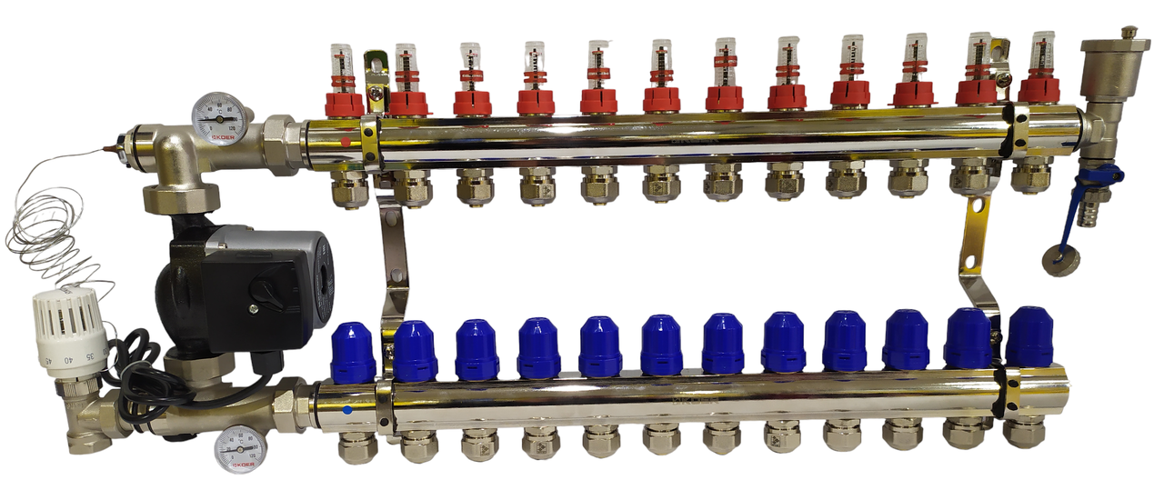 Колектор для теплої підлоги в складі на 12 контурів із насосом латунний "KOER"