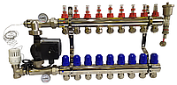 Коллектор для теплого пола в сборе на 9 контуров с насосом латунный "KOER"
