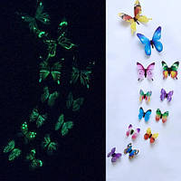 Разноцветные светящиеся бабочки на 2-х стороннем скотче, в наборе 12шт. разных размеров, пластик