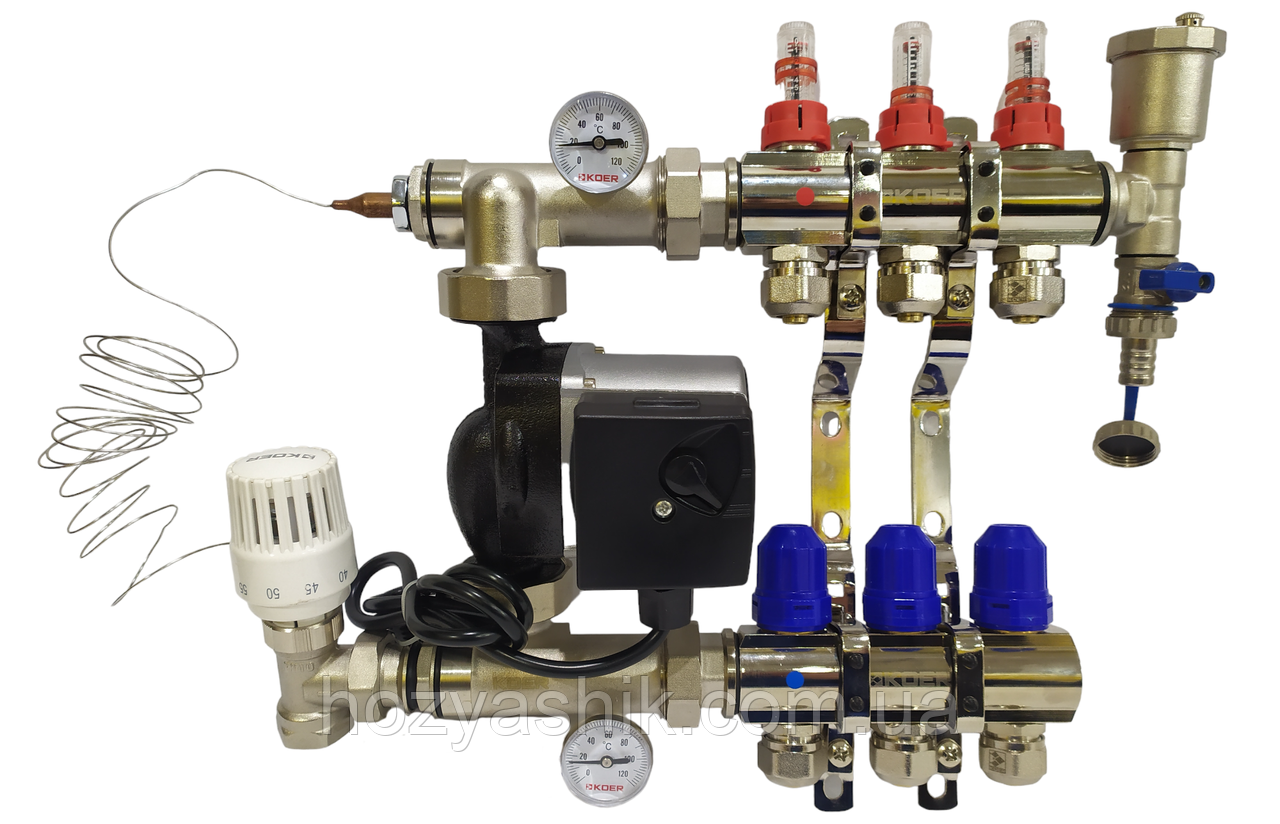 Колектор для теплої підлоги в складі на 3 контури з насосом латунний "KOER"