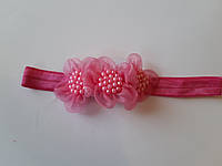 Детская повязка с жемчугом розовая - размер универсальный (на резинке), длина декора 8см