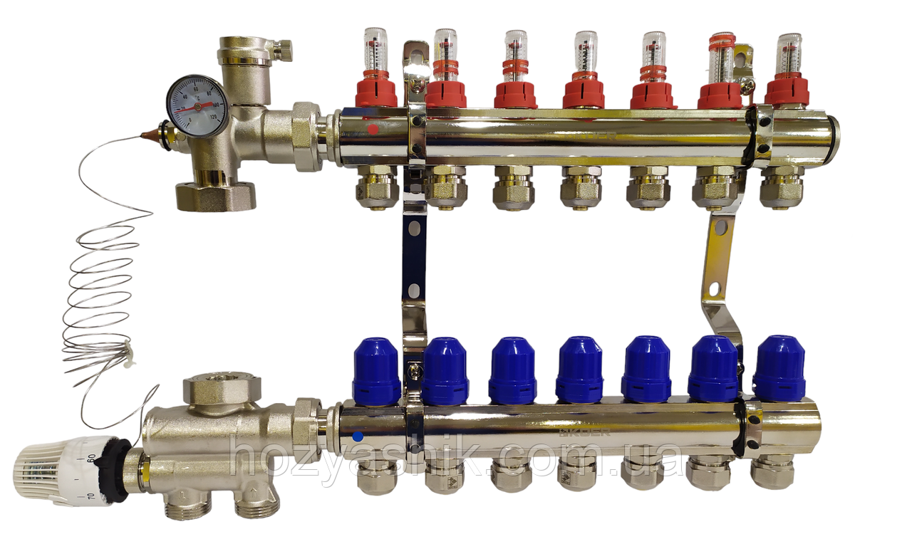 Колектор для теплої підлоги з нижнім під'єднанням у зборі на 7 контурів "KOER" латунний.