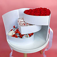 XXL Премиум подарочный бокс сердечко 3-ярусное для любимой девушки с красными розами и мишкой