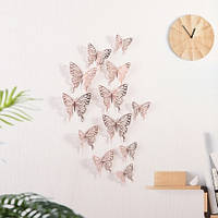 Декор бабочки на стену, на скотче, розовое золото, в наборе 12штук разных размеров, пластик