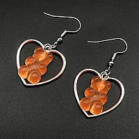 Серьги мармеладные мишки в сердечке оранжевые - размер мишки 2,3*1,8см, смола