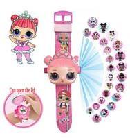 Часы кукла Лол детские с проектором, розовые, 24 картинки, сверху электронные часы под крышечкой