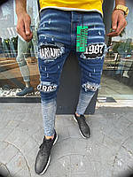 Молодіжні чоловічі джинсові штани з написами "Mariano1987" сині потерті 31, 32, 33, 34