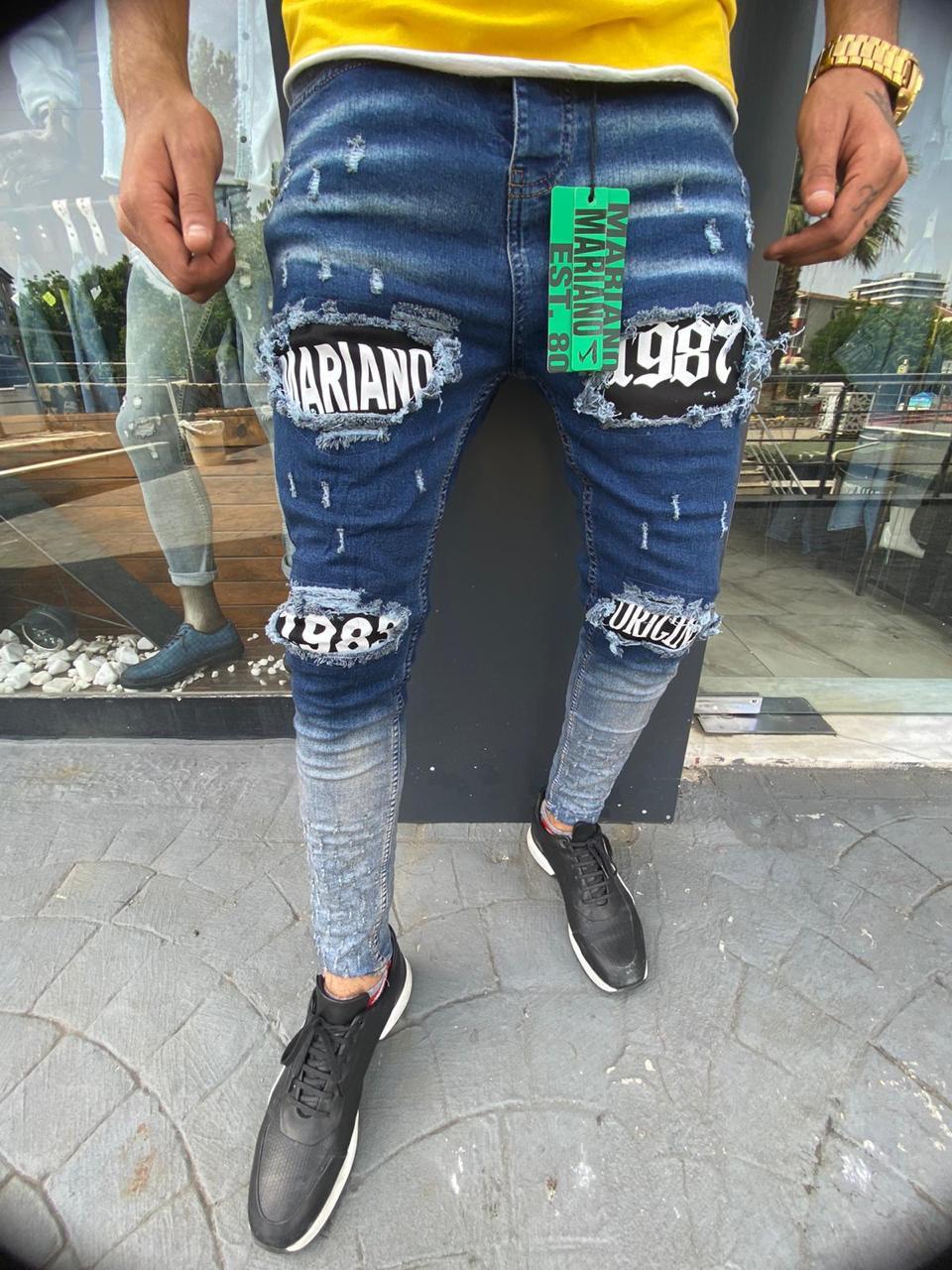 Молодежные мужские джинсовые штаны с надписями "Mariano1987" синие потертые - 31, 32, 33, 34 - фото 1 - id-p1887696792