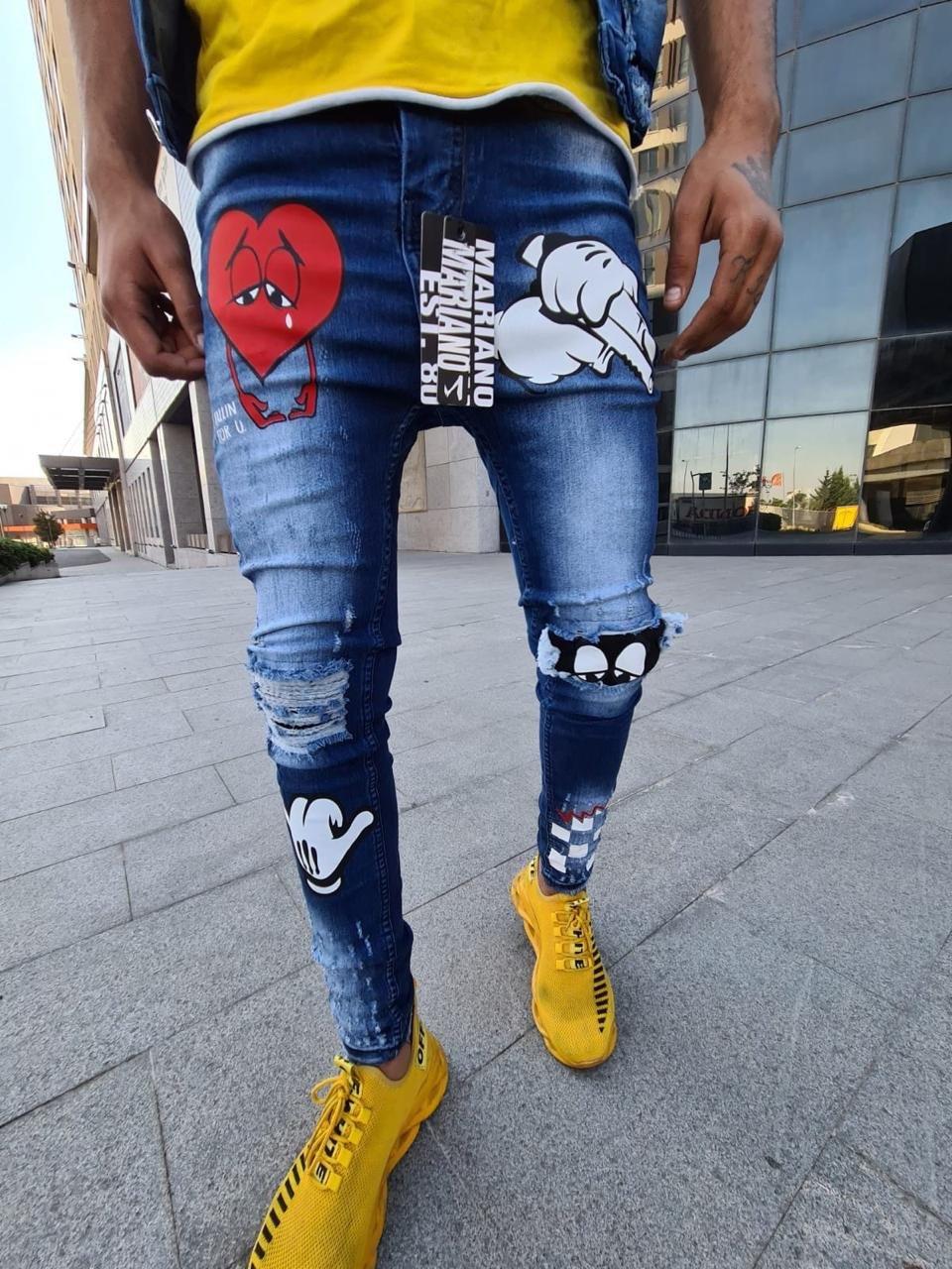 Світло-сині чоловічі осінні джинсові штани MN Jeans "Мультяшки" рвані 32, 33 - фото 1 - id-p1887696802