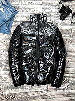 Молодежная зимняя очень теплая куртка "Розы" черная (под лак) - S, M, L, XL