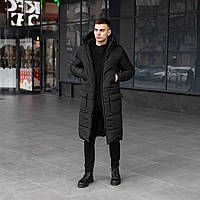 Довге чоловіче зимове пальто з капюшоном "Танк" однотонне чорне - S, M, L, XL, 2XL, 3XL