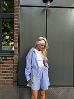 Голубой модный женский легкий летний коттоновый костюм-двойка: свободные шорты и рубашка в полоску