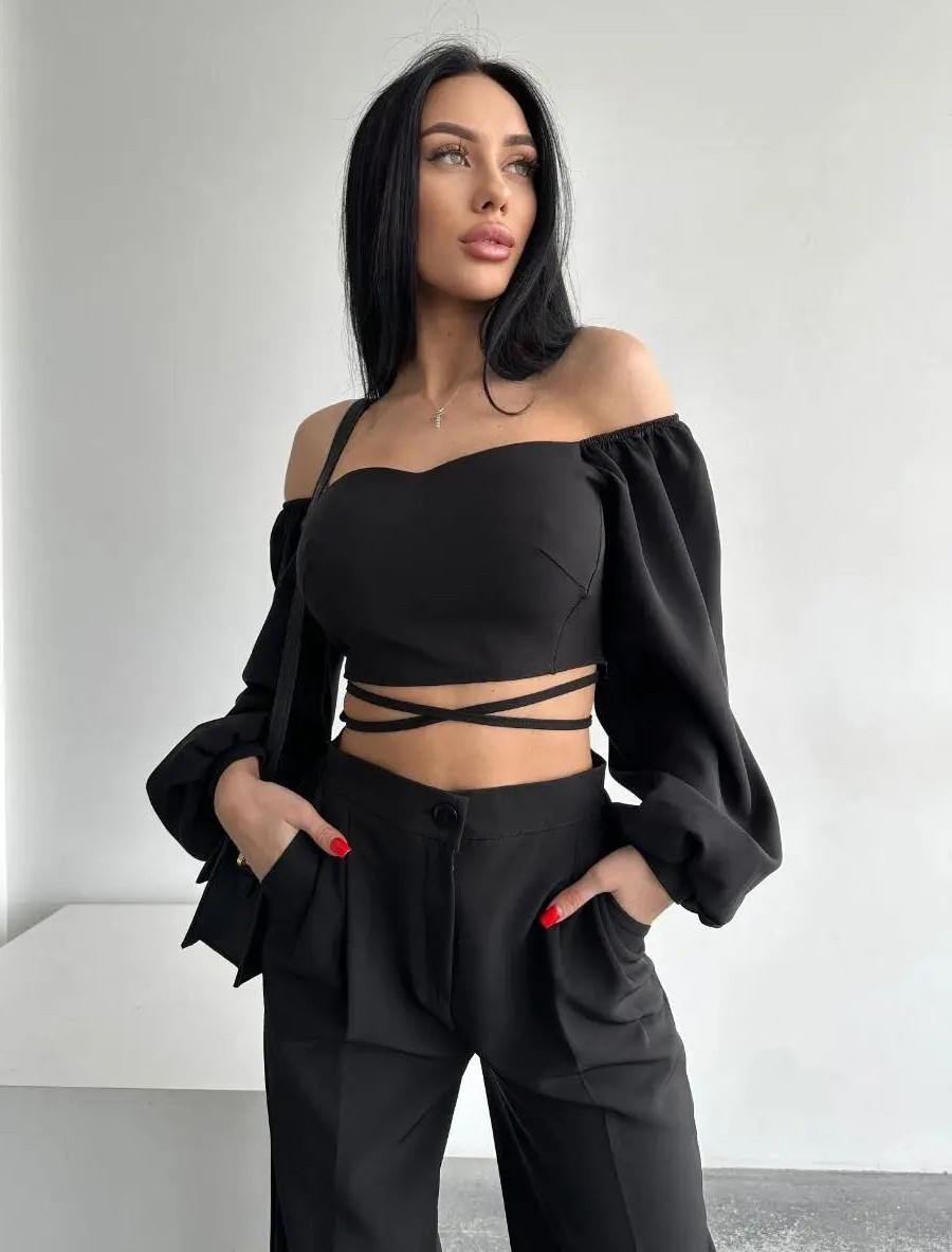 Елегантний жіночий вечірній костюм-двійка, чорний, фото 1