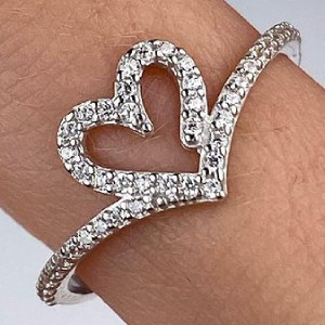 Срібне кільце родоване з фіанітами в формі серця РН-147, фото 1