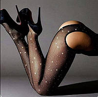 Колготки в сітку з відкритим доступом зі стразами (р.S-XL)