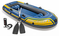 Лодка гребная надувная трехместная Intex Challenger-3 68370 с насосом и веслами 295х137 см Синий