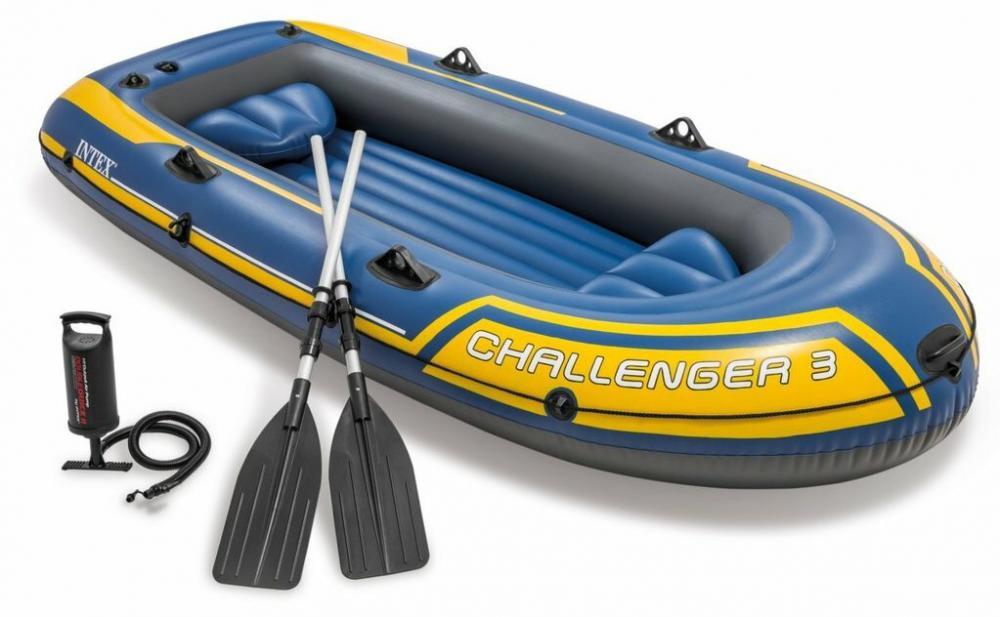 Лодка гребная надувная трехместная Intex Challenger-3 68370 с насосом и веслами 295х137 см Синий - фото 1 - id-p1887769901