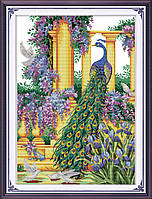 Фиолетовые цветы и павлин Набор для вышивания крестом с печатной схемой на ткани Joy Sunday D013