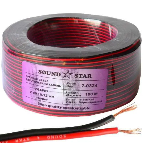 Кабель живлення 2 жили 9х0.12мм, 0.10мм², CU мідь, 26AWG, червоно-чорний, 100м, Sound Star