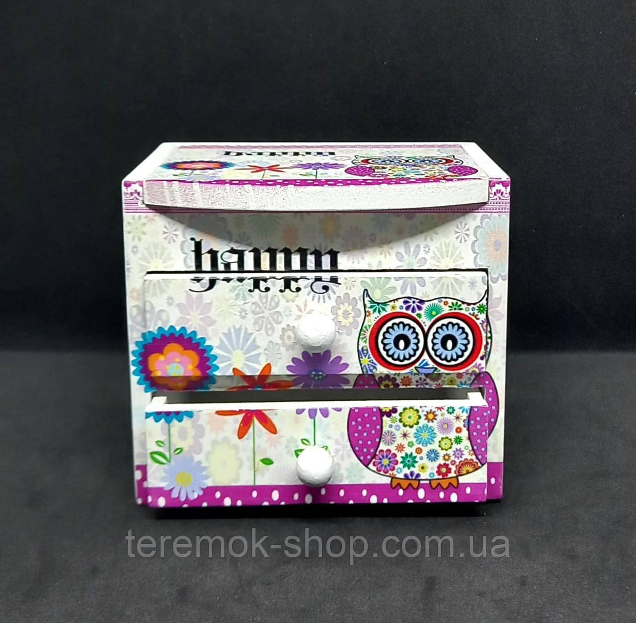 Скринька дерев'яна дитяча з дзеркалом бузкова сова, скринька для прикрас 9х8х7 см з висувними ящиками, фото 1