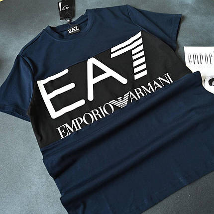 Літня футболка Blue Emporio Armani темно-синя бавовна брендова футболка для хлопця Армані Емпоріо принт EA7, фото 1