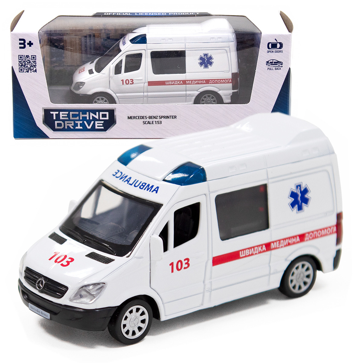 Машинка металева дитяча Mercedes-Benz Sprinter Швидка допомога, біла, відкриваються двері, 5*11*5см (250295), фото 1