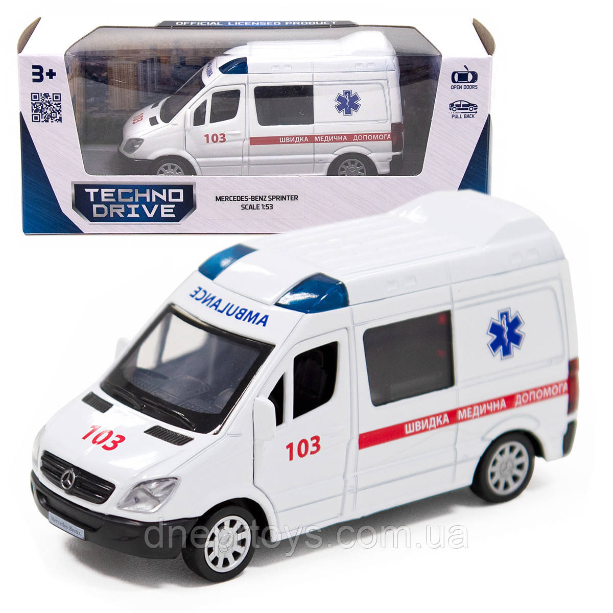 Машинка металева дитяча Mercedes-Benz Sprinter Швидка допомога, біла, відкриваються двері, 5*11*5см (250295), фото 1