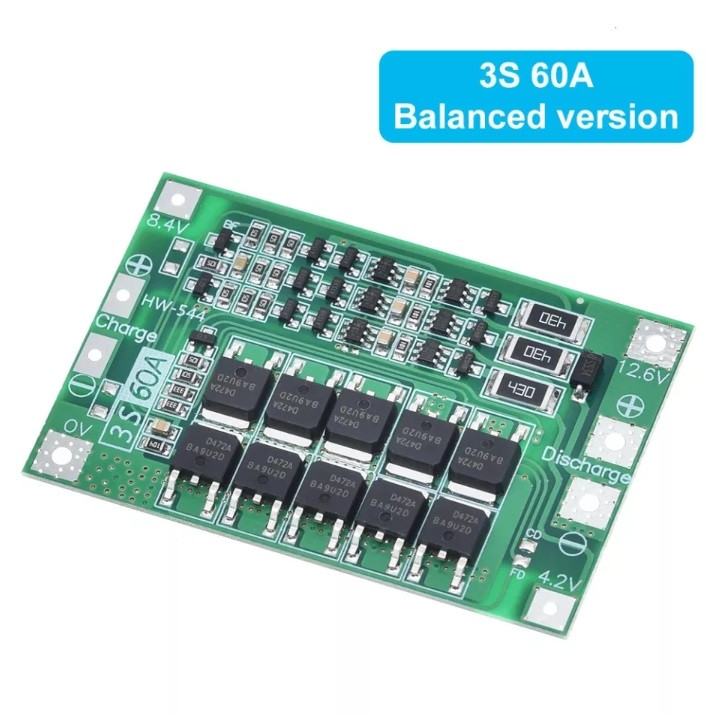 Плата захисту BMS 3S 60A 11,1V (12,6V) для Li-Ion акумуляторів (контролер заряду/розряджання) з балансуванням
