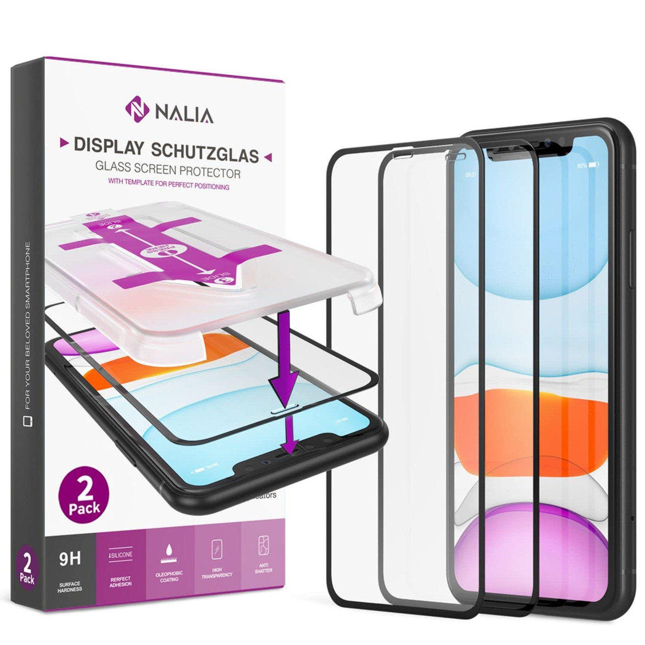 NALIA (2x скло та аплікатор, сумісні з iPhone 11 Pro Max/Xs Max, повноекране захисне скло (чорний)