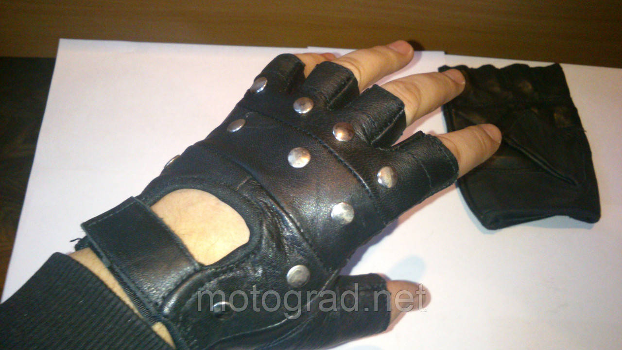 Мото рукавички шкіряні без пальців із заклепками розмір S