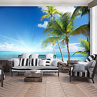 Флизелиновые морские фото обои на стену Океан Пейзаж 416x254 см 3Д Солнечный пляж и пальмы (735VEXXXL)+клей