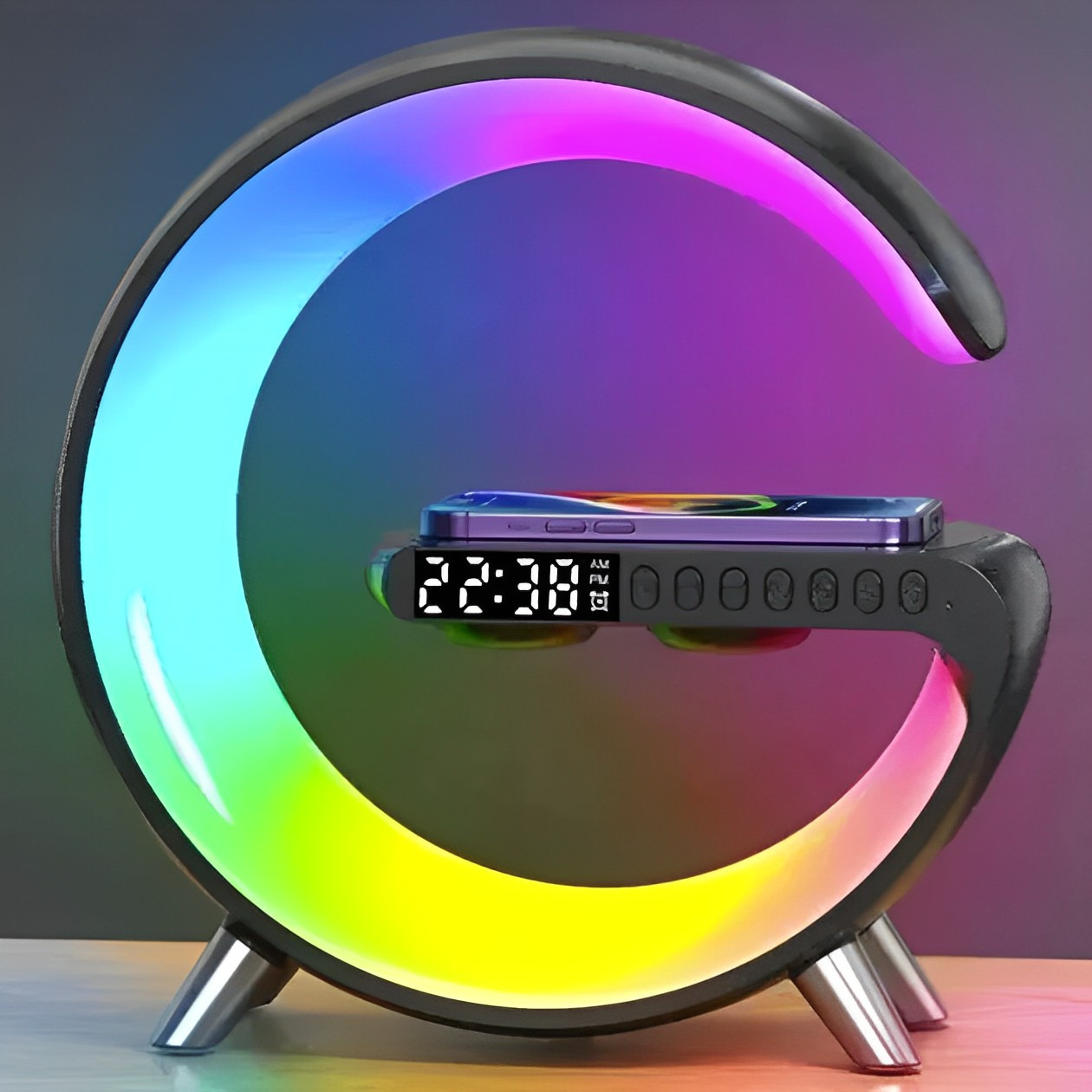 Світильник, нічник RGB Smart Light Sound Machine з бездротовою зарядкою 15W і Bluetooth колонкою 3W — чорний