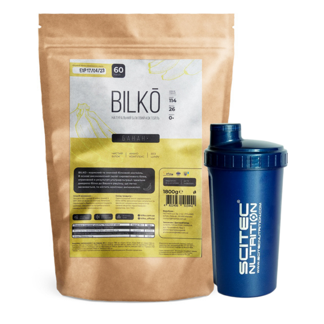 Натуральний білковий коктейль зі смаком банана Bilko 1,8 кг + Шейкер, фото 1