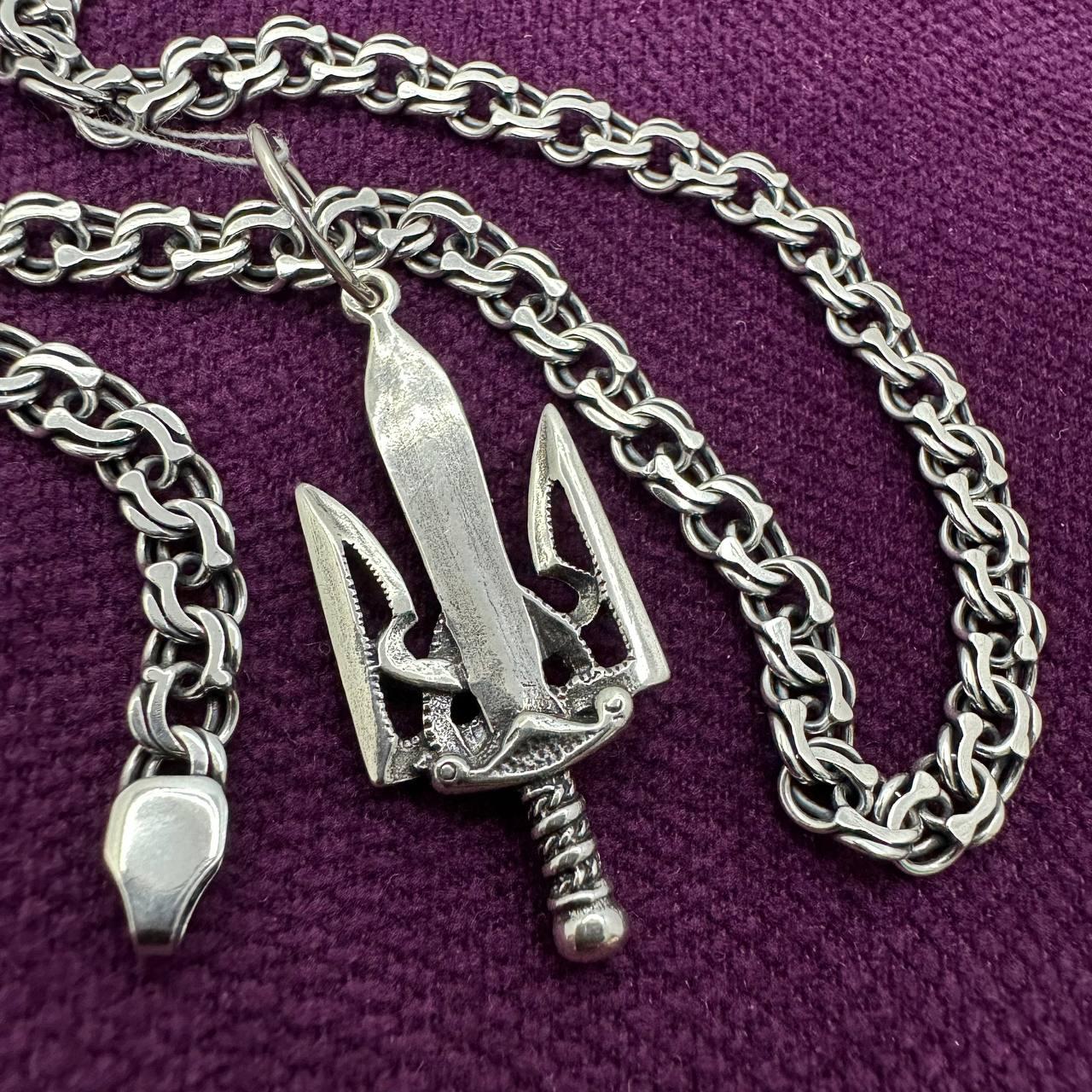 Комплект кулон герб України із мечем та ланцюжком бісмарк 925 проби