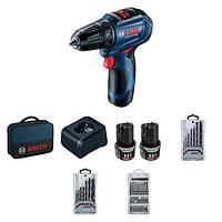 Шуруповерт-дрель аккумуляторный Bosch GSR 12V-30, 12В 2х2Ач, 18/30 Нм, 20+1, 420/1600об/мин, ЗУ, кейс, набор