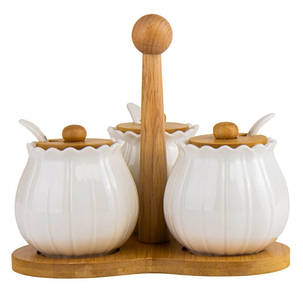 Набір ємностей для зберігання з бамбуковою кришкою і ложечкою білий, кераміка (18915-006), фото 1
