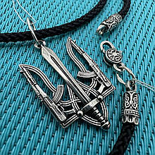 Срібний Герб України із автоматами та шовковий шнурок із вставками зі срібла 925 проби