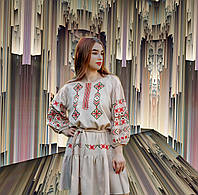 Нежное бежевое женское платье с вышивкой. Льняное украинское платье - вышиванка Размер 96