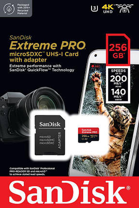 Карта пам'яті SanDisk microSD 256GB C10 UHS-I U3 R200/W140MB/s Extreme Pro V30 + SD, фото 3