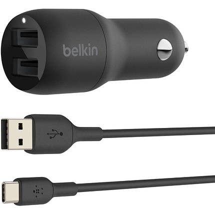 Зарядний пристрій автомобільний Belkin 24Вт 2хUSB-A, кабель USB-A > USB-C, 1м, чорний, фото 1