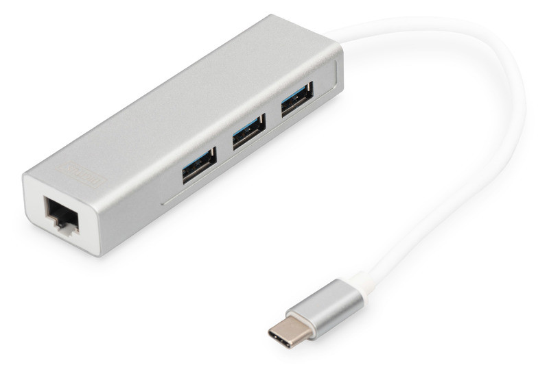 Концентратор DIGITUS USB-C — USB 3.0 3 порти + Gigabit Ethernet, сірий