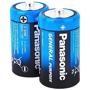 Батарейка Panasonic GENERAL PURPOSE вугільно-цинкова D(R20) плівка, 2 шт., фото 1