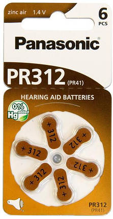 Батарейка Panasonic повітряно-цинкова PR312(312A, AC312E/EZ, PR312H, PR41, ZA312, DA312) блістер, 6 шт., фото 1