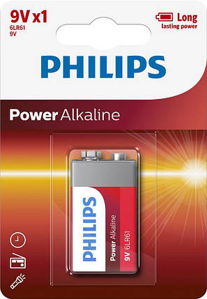 Батарейка Philips Power Alkaline лужна 6LR61 (6LF22, MN1604, MX1604, Крона) блістер, 1 шт, фото 1