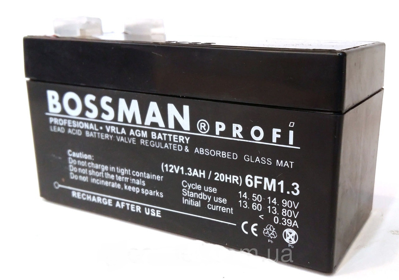 Акумулятор Bossman Profi 12 V 1.3 Ah. Акумулятори олив'яно-кислотні.Акумуляторні батареї Bossman.