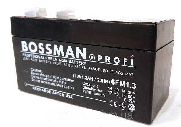 Акумулятор Bossman Profi 12 V 1.3 Ah. Акумулятори олив'яно-кислотні.Акумуляторні батареї Bossman., фото 1