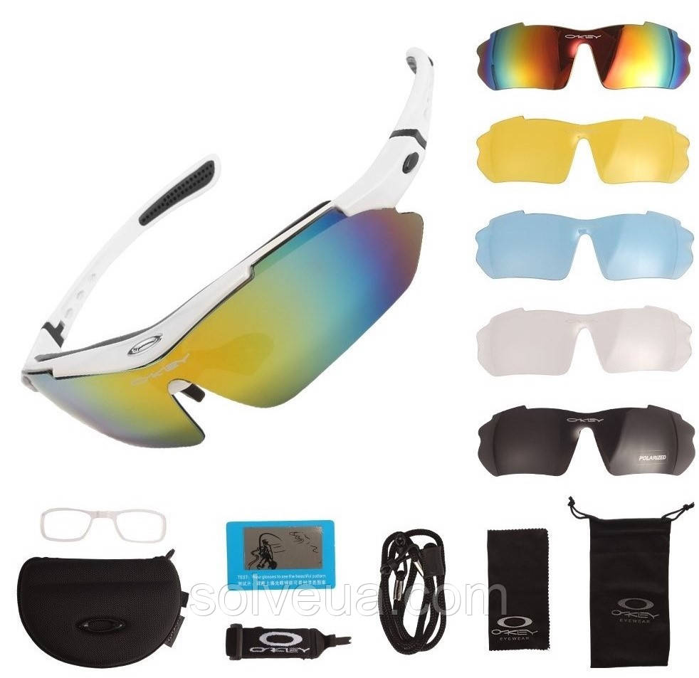 Захисні тактичні сонцезахисні окуляри з поляризацією Oakley білі 5 лінз One siz+.solve, фото 1