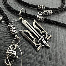 Срібний Герб України із мечем та чорним шовковим шнурком із вставками зі срібла 925 проби