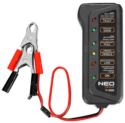 Тестер акумулятора Neo Tools, 12В, 2 затискачі типу "крокодил", фото 1